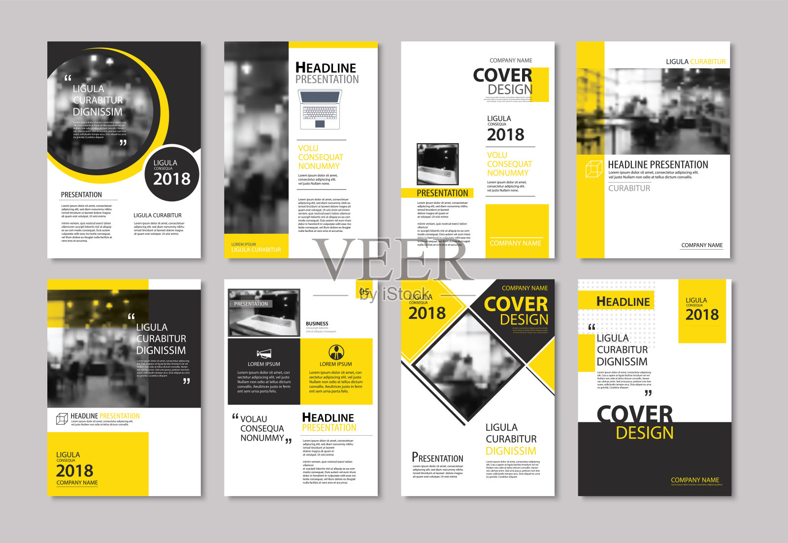 一套黄色封面和布局小册子，传单，海报，年度报告，设计模板。用于商业书籍，杂志，演示文稿，投资组合，企业背景。设计模板素材