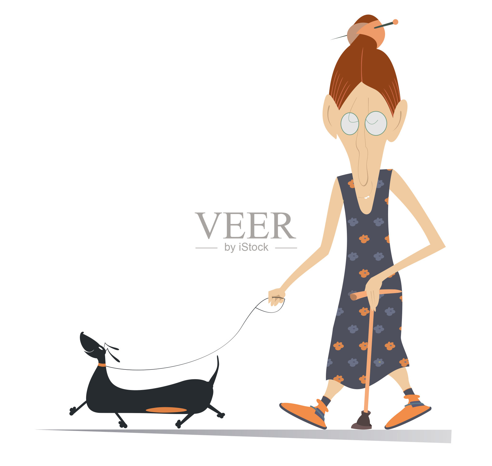 漫画中的老年妇女拄着拐杖走路，而插图中的狗被孤立了插画图片素材