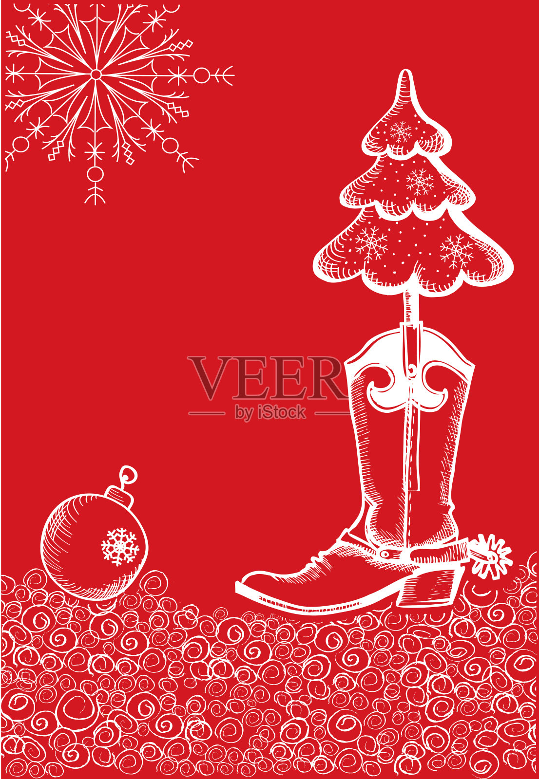 红色的圣诞卡片与牛仔靴和冷杉树设计模板素材