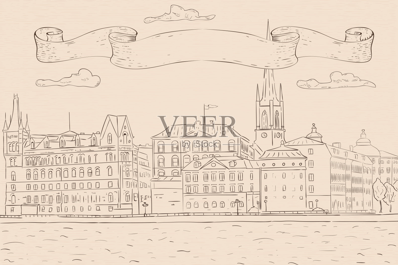 斯德哥尔摩老城，湖景。手绘草图。在米色背景上绘制轮廓插画图片素材