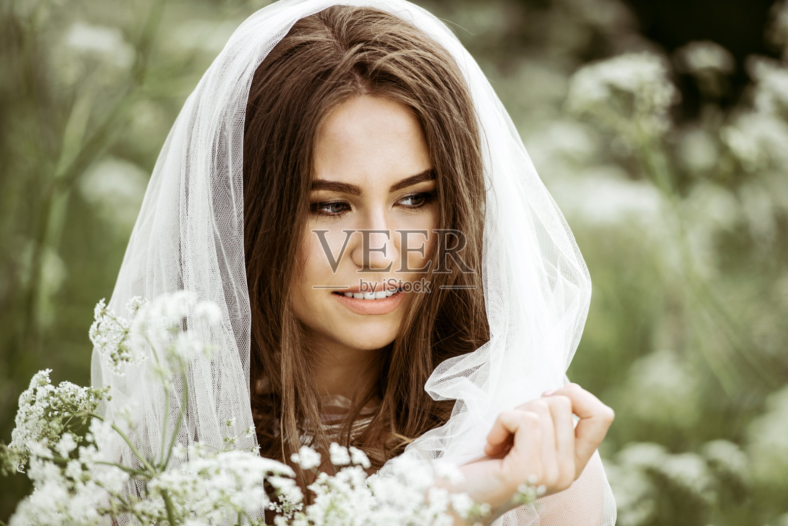 年轻美丽的新娘，梳着高雅的高髻。头发上有饰物的婚礼发型照片摄影图片_ID:317582178-Veer图库