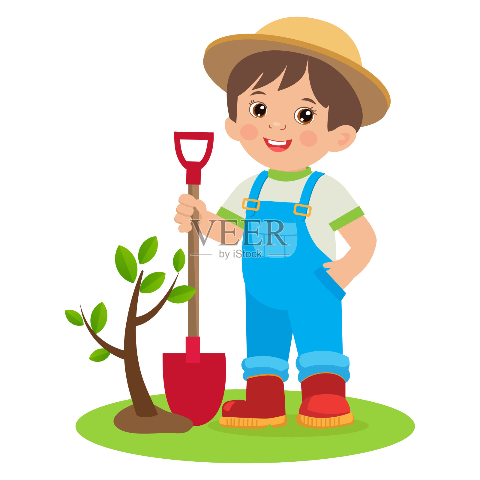 春天的园艺。越来越多的年轻的园丁。可爱的卡通男孩与铲子。年轻的农民。设计元素图片