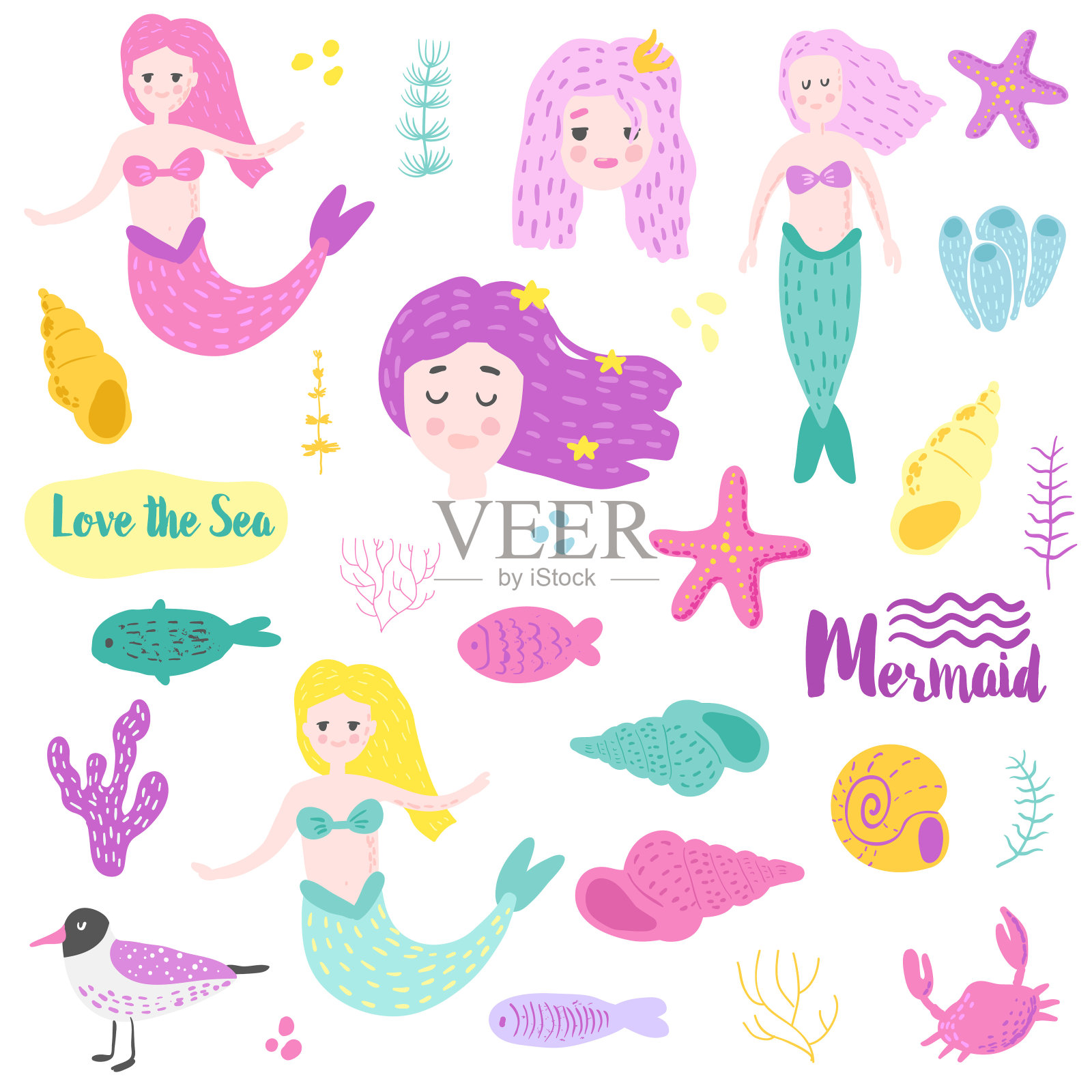 可爱的水下生物元素与美人鱼和鱼。幼稚的航海手绘涂鸦装饰，印刷，图案。矢量图插画图片素材