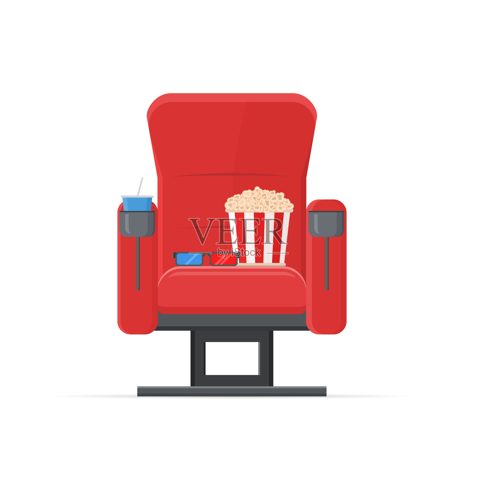 电影的时间。红色沙发，爆米花，可乐和3d眼镜。插画图片素材