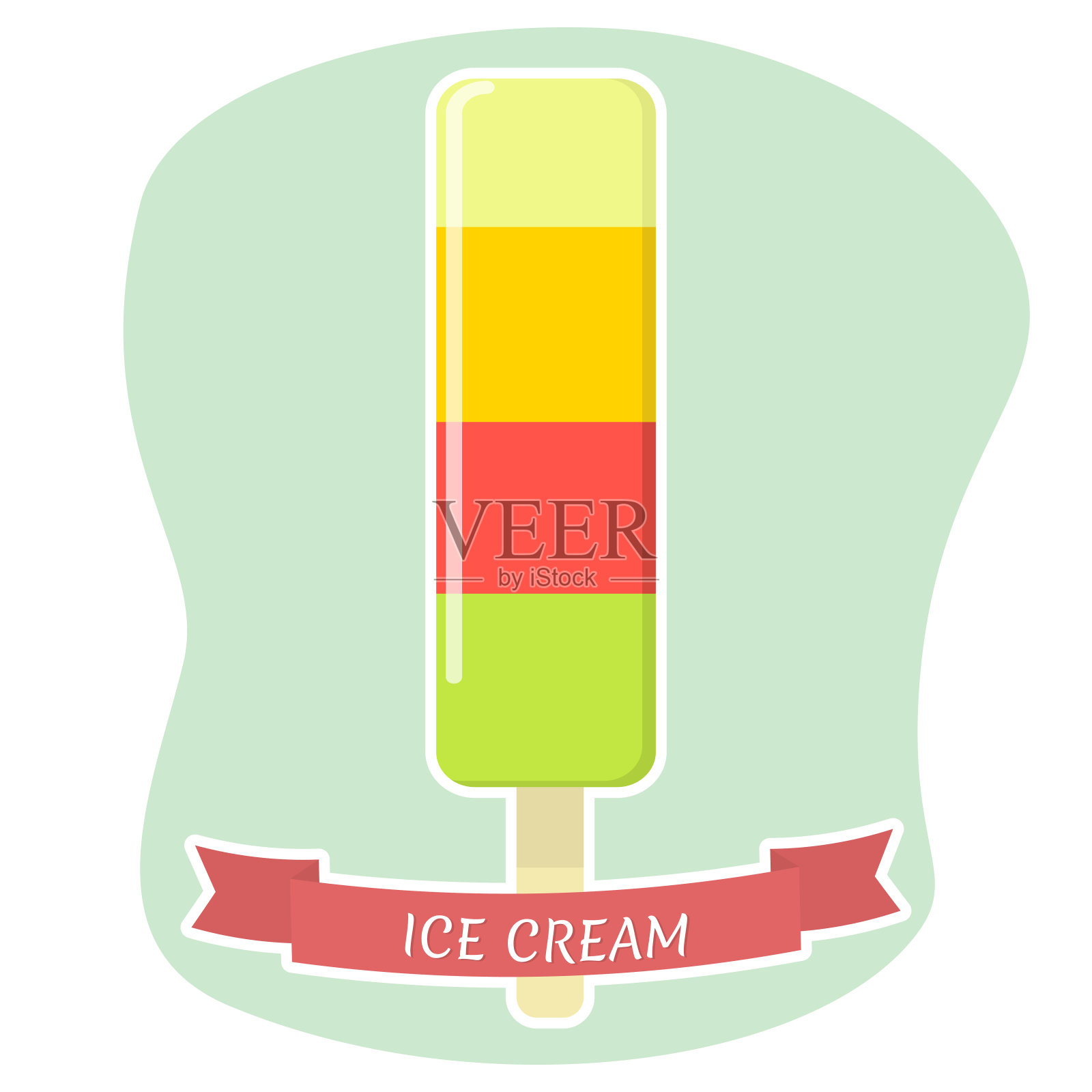 冰淇淋上的棒状扁平图标在白色描边与红色丝带的背景插画图片素材