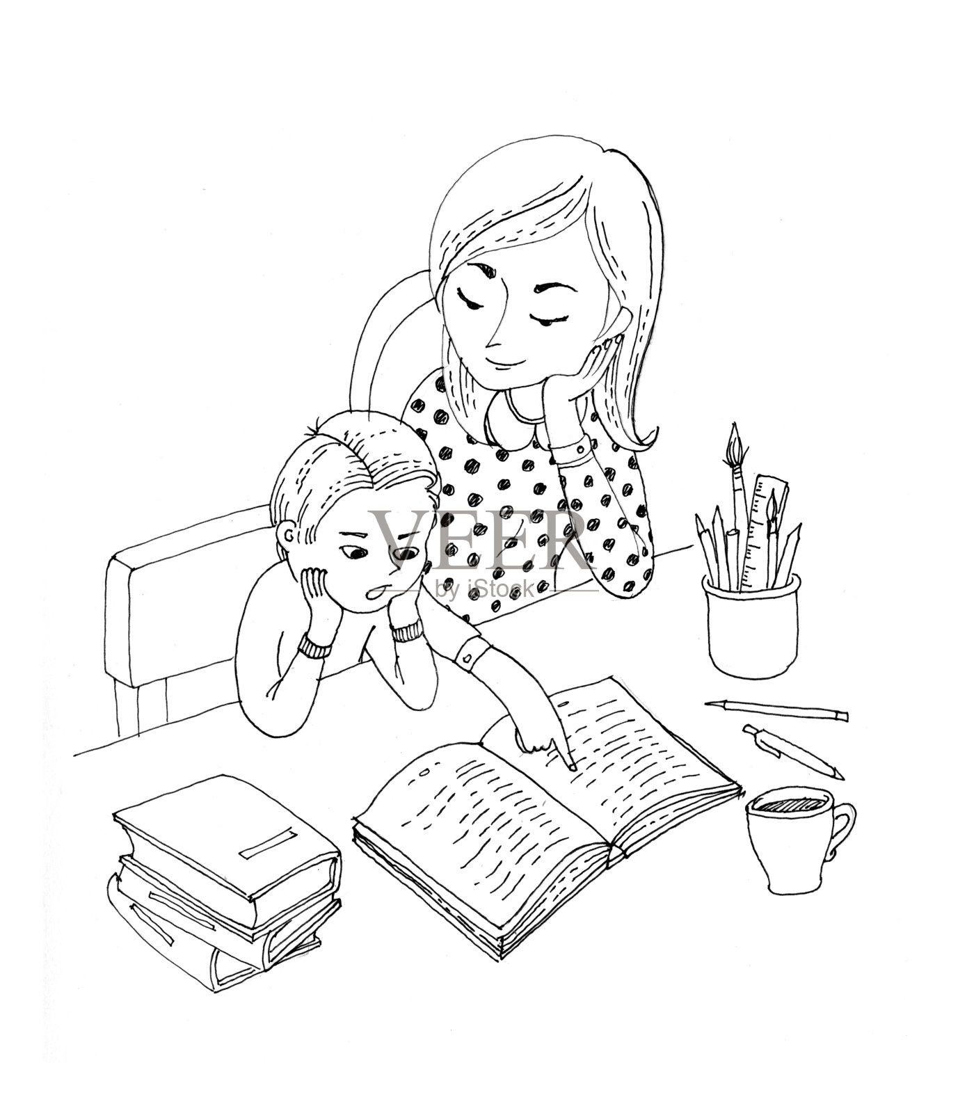 黑白插图着色书。母亲教她的小儿子。家庭教育插画图片素材