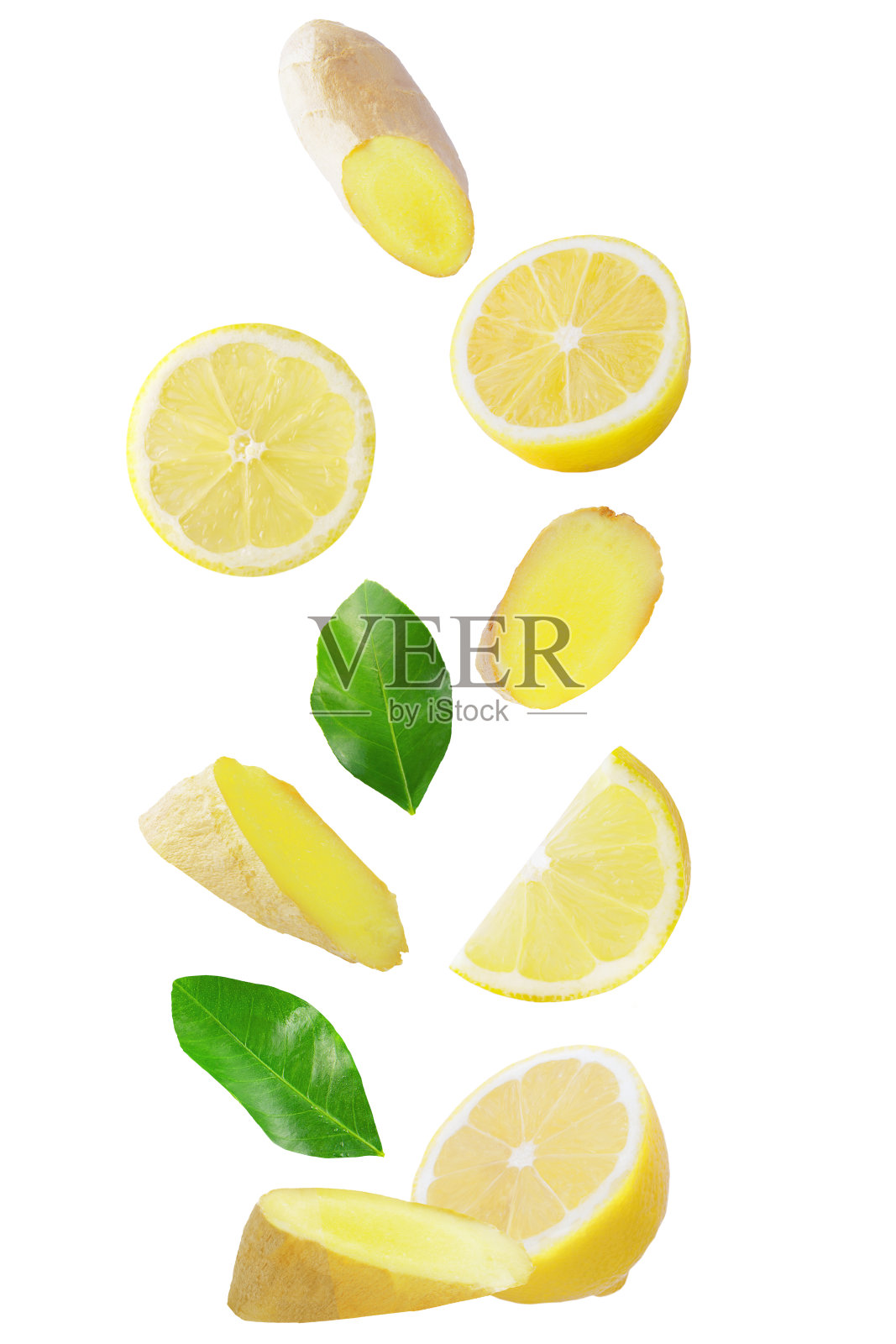 孤立的飞行水果。落柠檬和生姜孤立在白色背景与裁剪路径作为包装设计元素和广告照片摄影图片