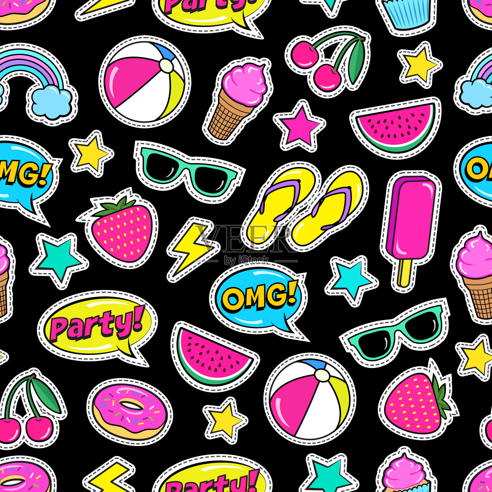 可爱夏日无缝彩色图案时尚补丁:草莓、拖鞋、球、冰淇淋、甜甜圈、西瓜、樱桃、纸杯蛋糕、气泡等。设计元素图片