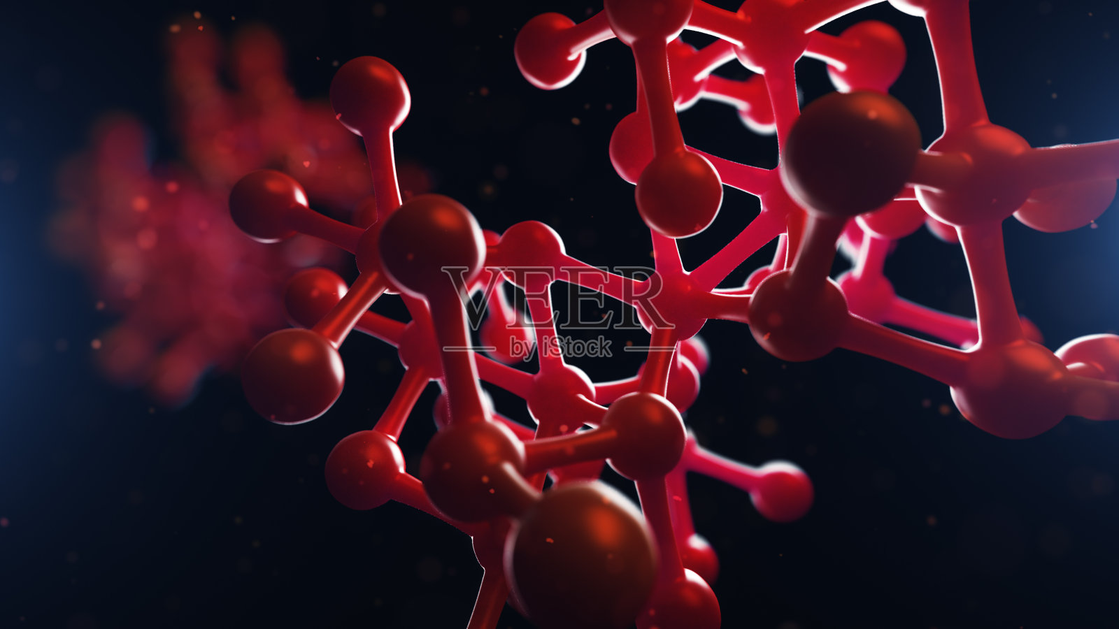 原子网格的3d插图是在模糊的蓝色背景下看到的。医学和科学的概念照片摄影图片