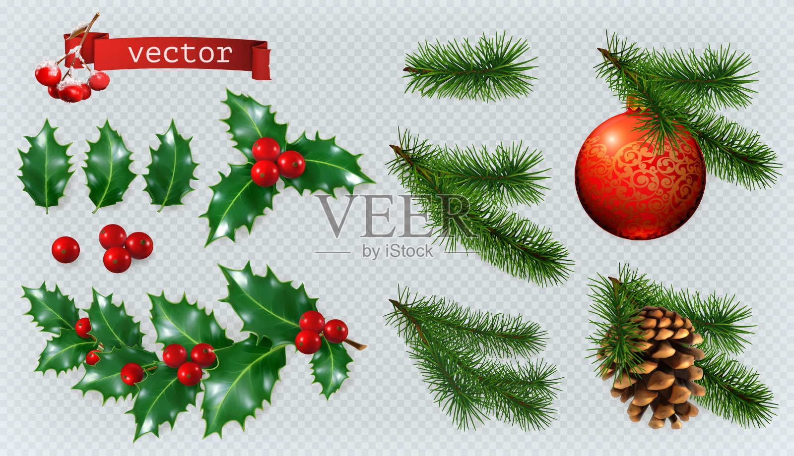 圣诞装饰品。冬青，云杉，红浆果，圣诞装饰品，松柏果。3d现实的矢量图标集插画图片素材