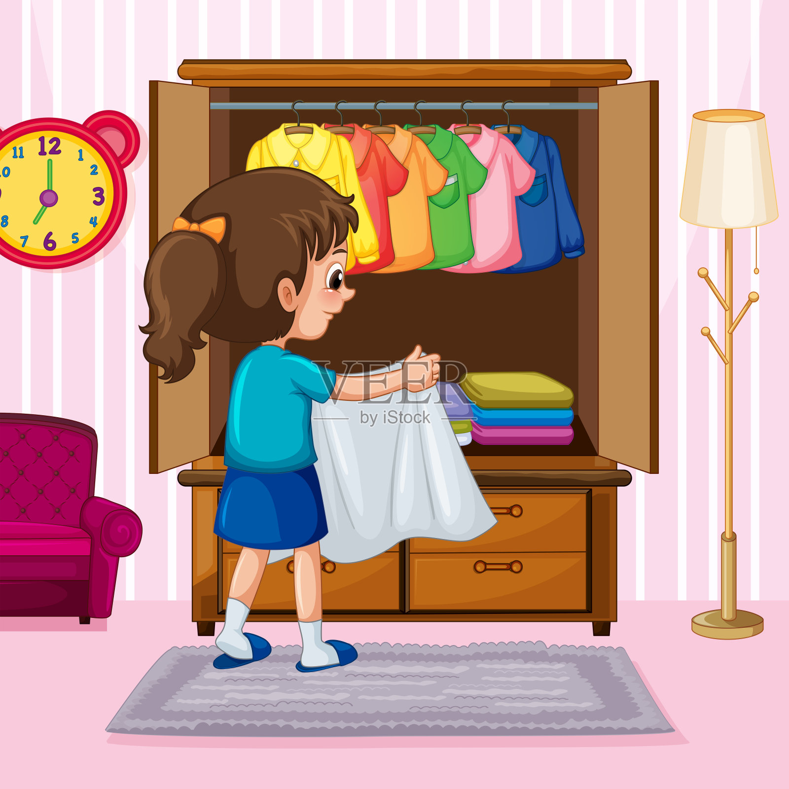一个女孩在衣柜里叠布插画图片素材