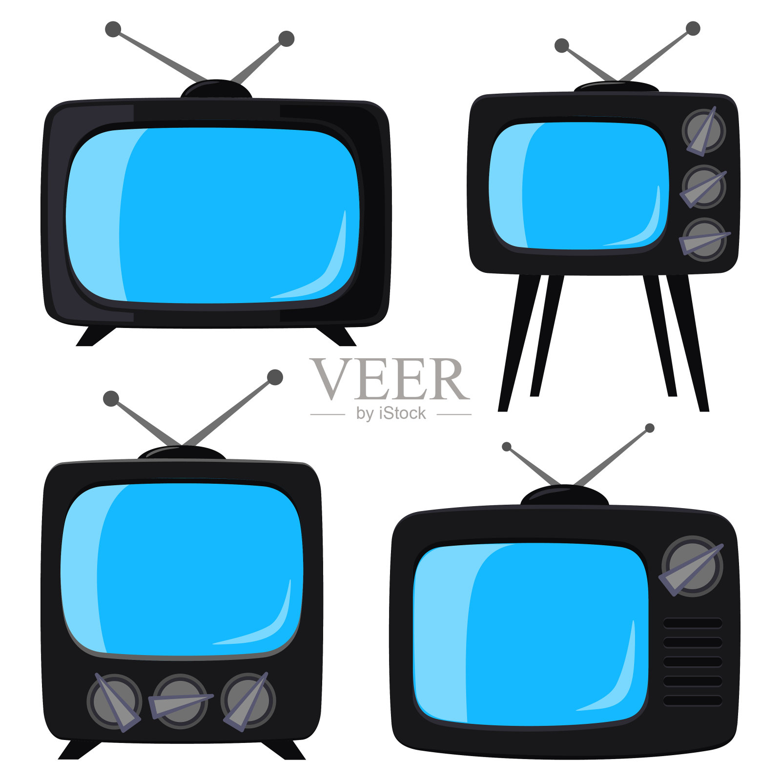 黑色卡通各种复古电视机插画图片素材