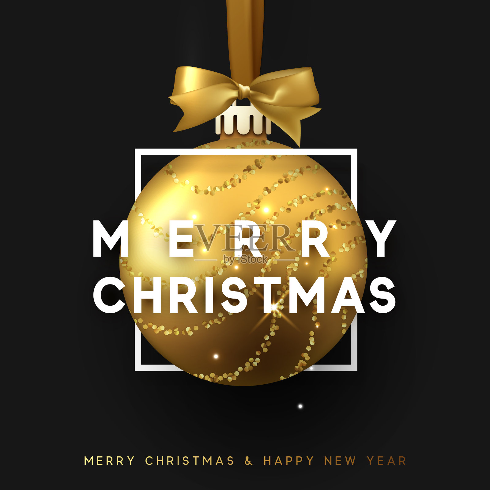 黑色背景上的圣诞小玩意。方形框的圣诞金球系在带蝴蝶结的丝带上。插画图片素材