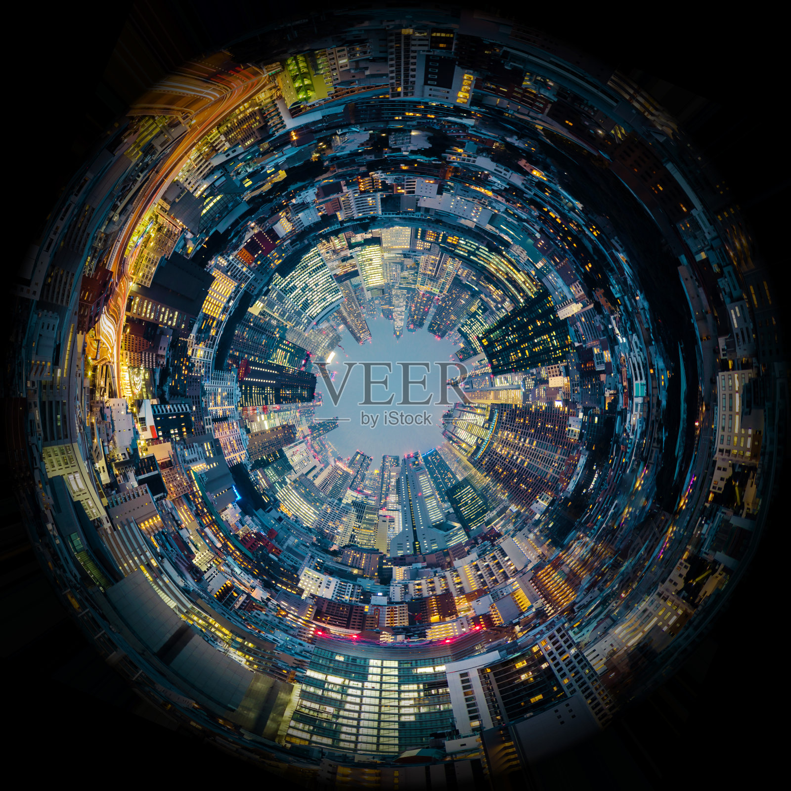 城市天际线的圆形全景，如用鱼眼镜头拍摄照片摄影图片