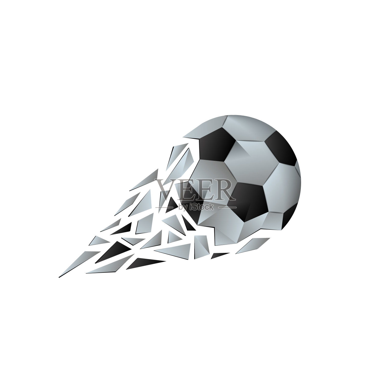 多边形的破碎的足球与碎片的尾巴。足球矢量背景与几何球，飞与轨道从残骸。插画图片素材