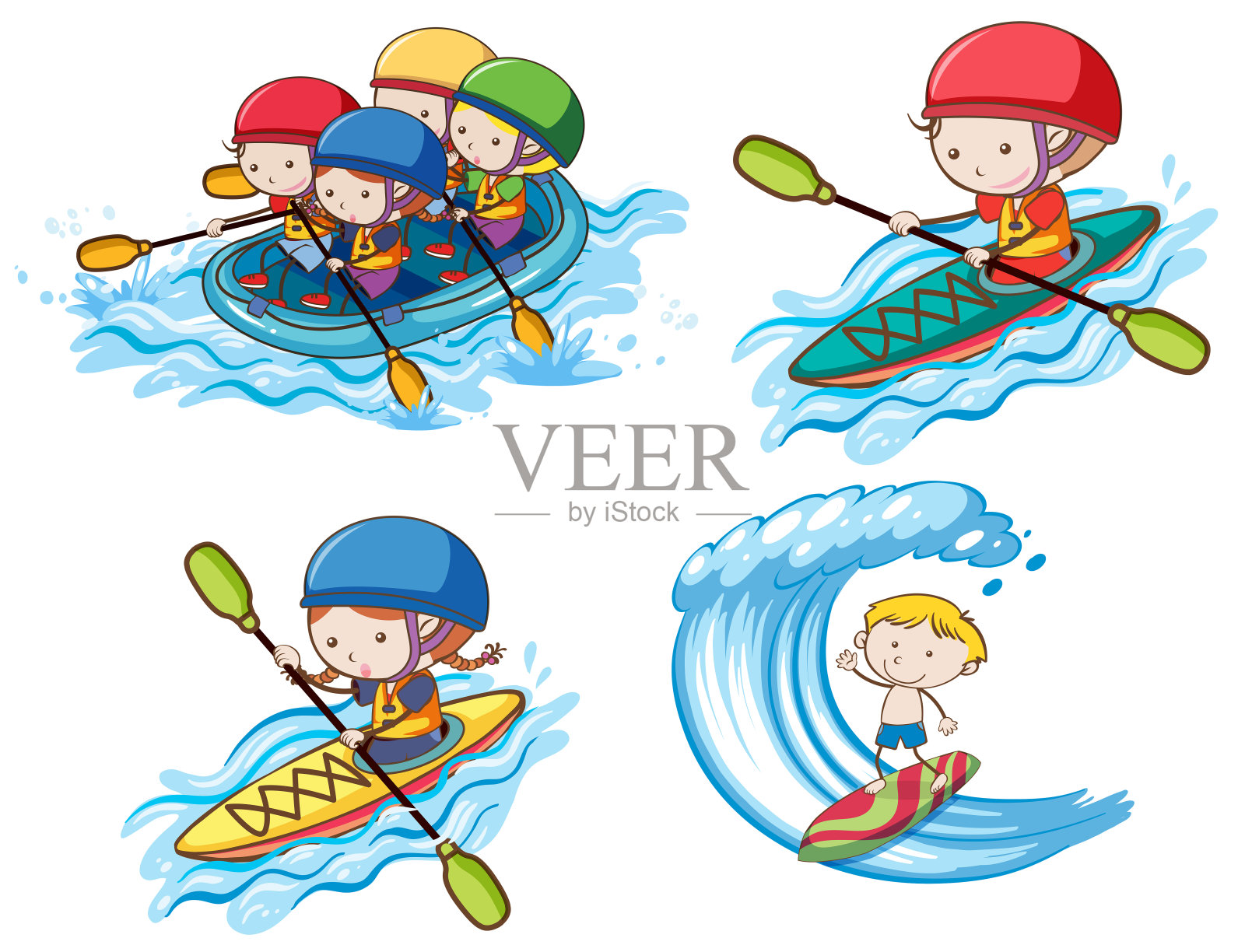 在白色背景上做水上运动的孩子插画图片素材