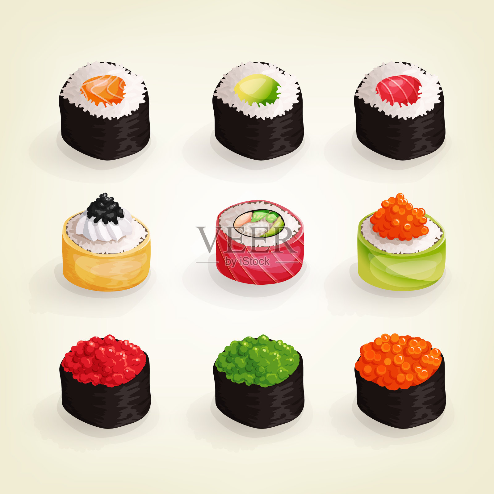 日本料理的收藏。各种新鲜美味的寿司卷套装。矢量插图的健康食品外卖，酒吧或餐厅菜单。插画图片素材
