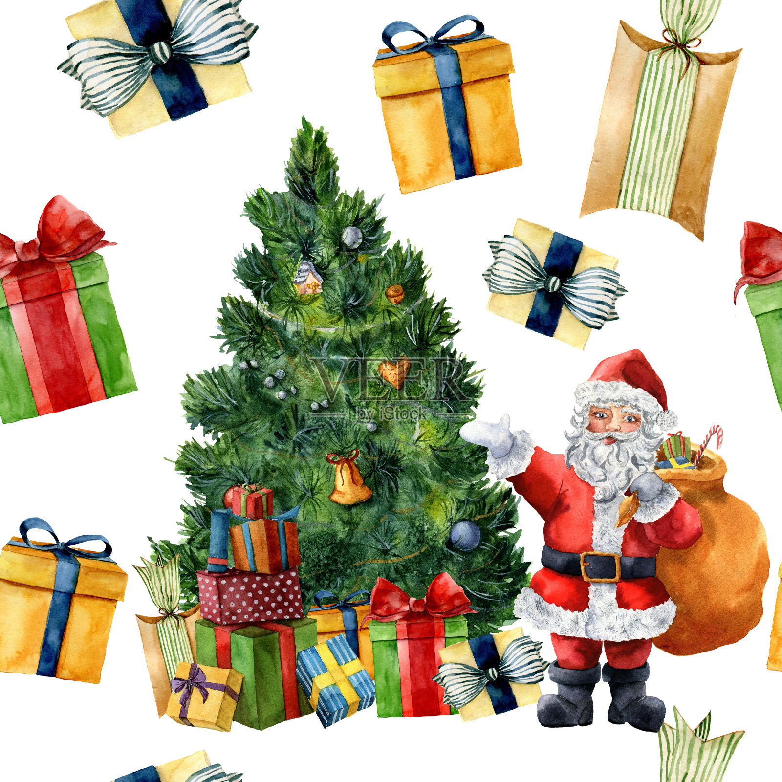 水彩节日图案与圣诞树，礼物盒和圣诞老人。手绘节日装饰孤立在白色背景。用于设计、印花和面料。插画图片素材