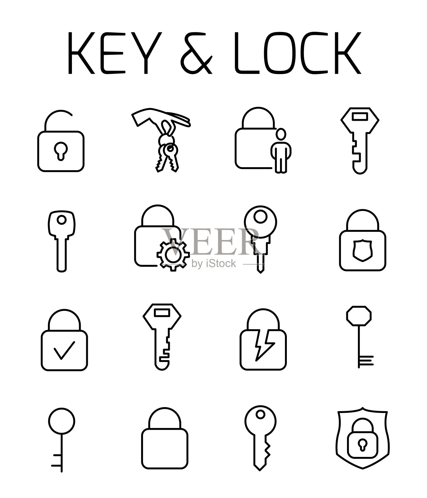 钥匙和锁定相关的矢量图标集。图标素材