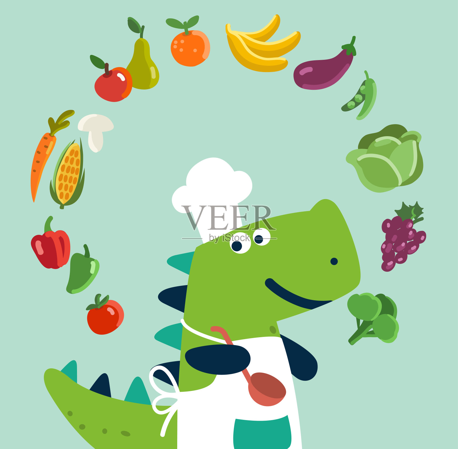 可爱和微笑的恐龙在厨师制服和水果和蔬菜。健康食物载体概念插画图片素材
