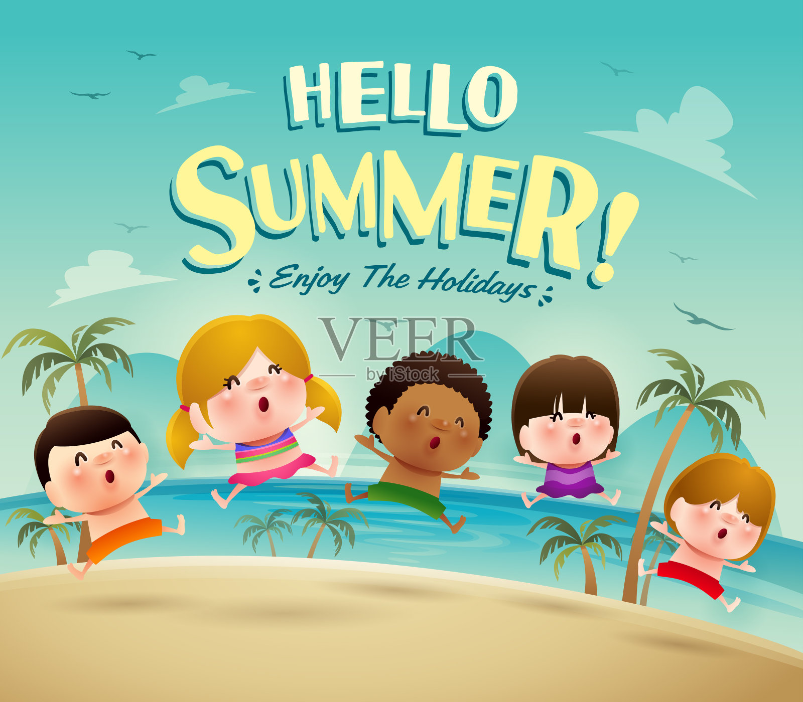 你好,暑假!一群穿着泳衣在海滩上蹦蹦跳跳的孩子。插画图片素材