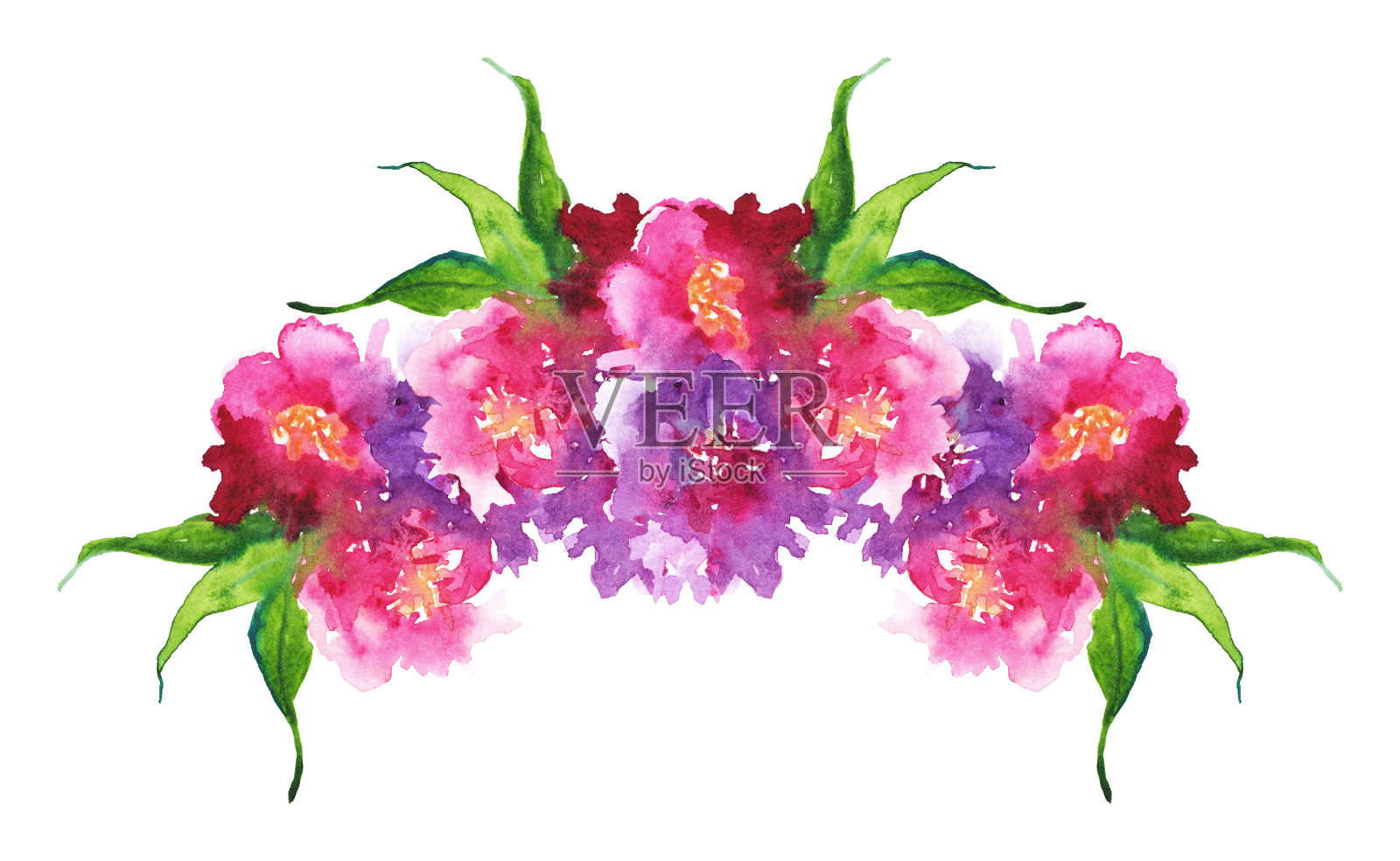 水彩粉紫色花，牡丹，玫瑰，康乃馨，叶子，钮扣组成框孤立艺术插图插画图片素材
