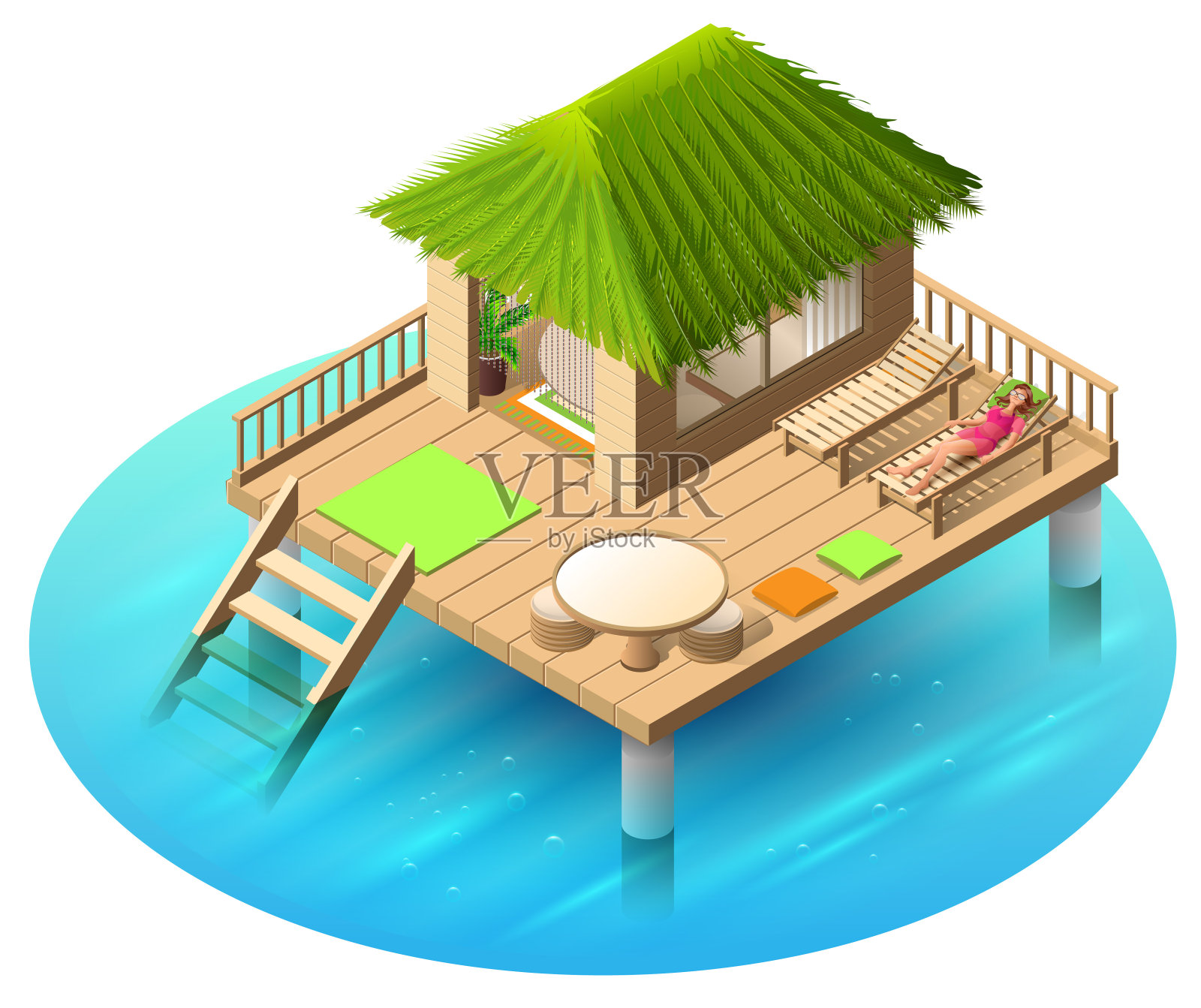 热带平房水上和女人躺在帆布躺椅插画图片素材