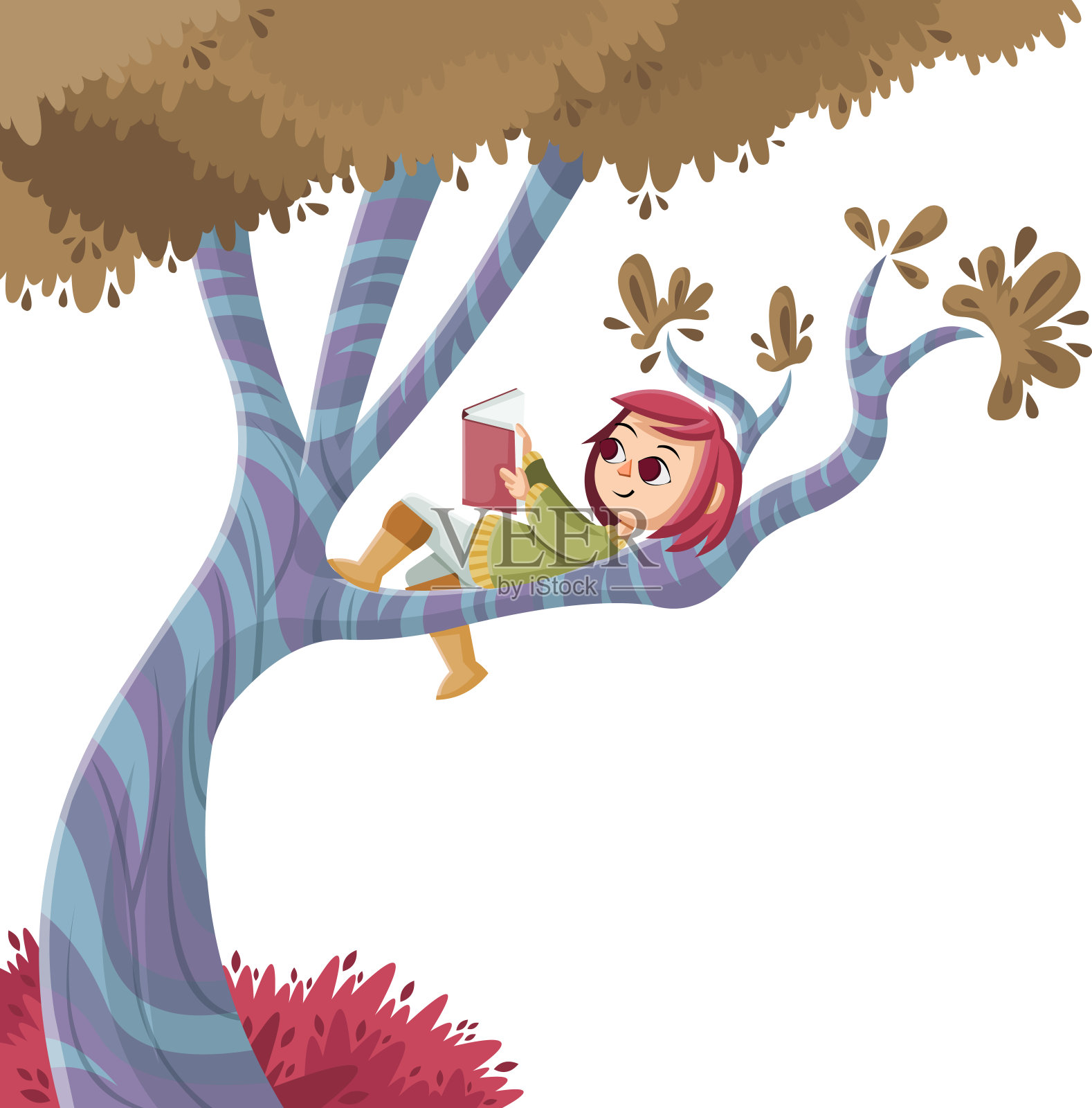 可爱的卡通女孩在一棵树上看书。插画图片素材