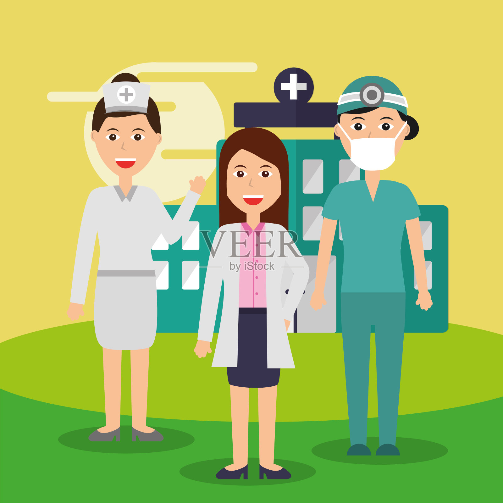 女医生、护士和外科医生组成医疗队医院插画图片素材