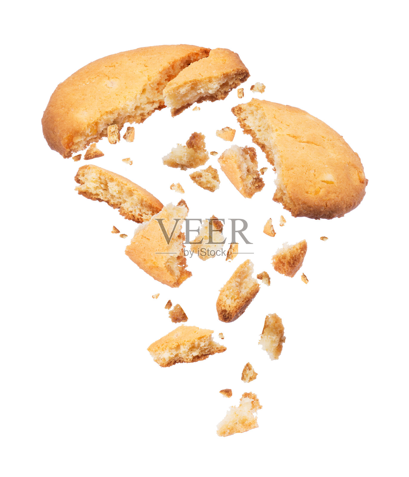 饼干碎成小块，背景是白色照片摄影图片