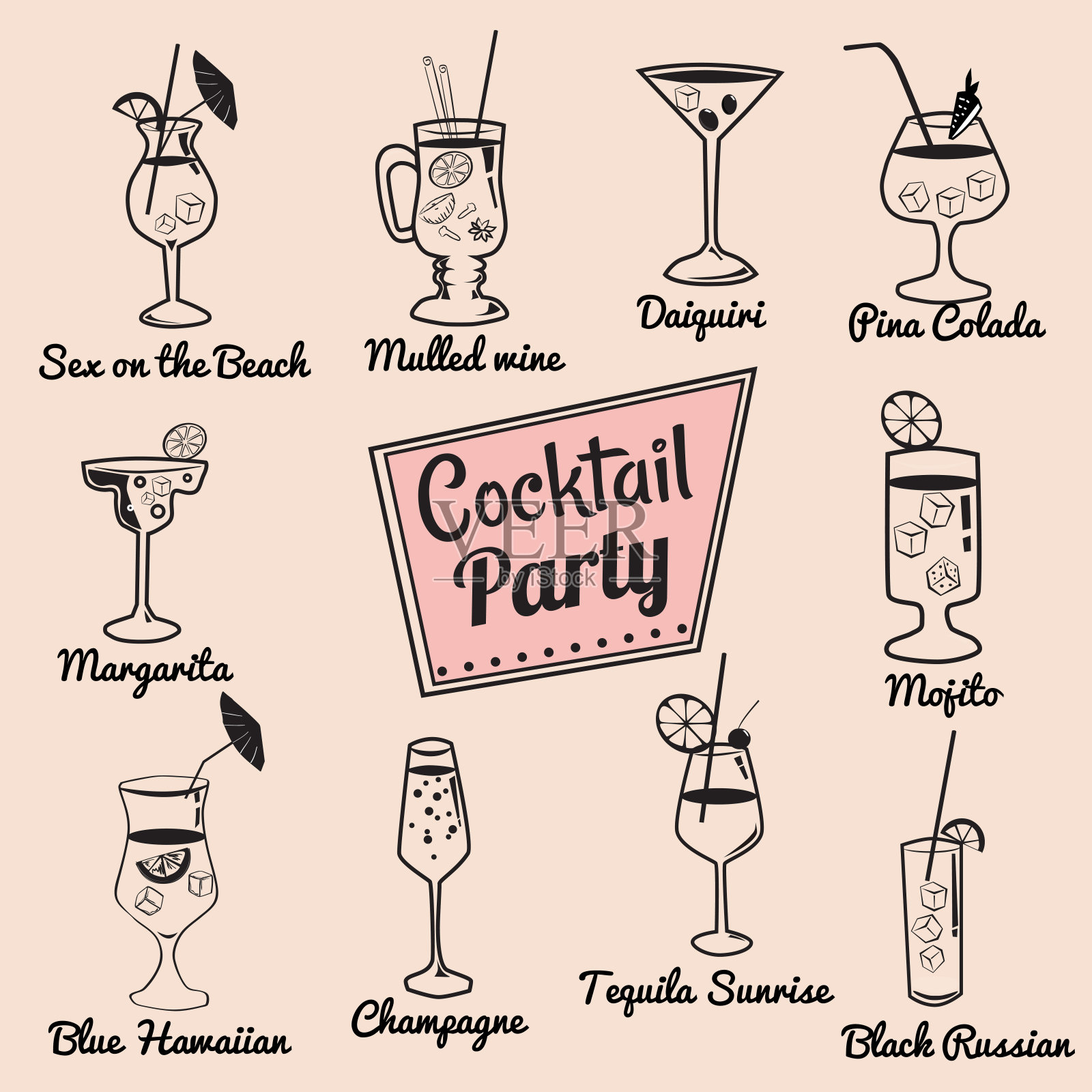 十套美丽的插图的一些最著名的鸡尾酒和饮料从世界各地，图标，矢量插图插画图片素材