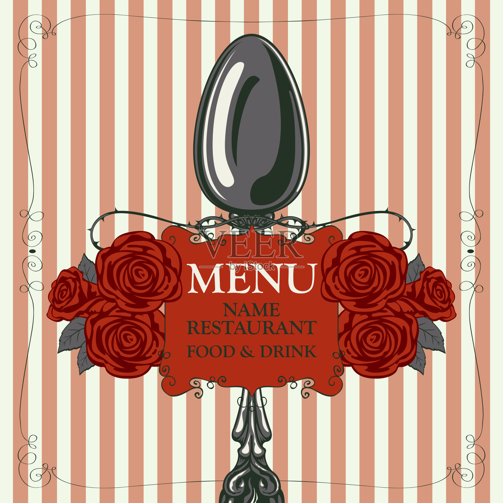餐厅菜单上有勺子和红玫瑰设计模板素材