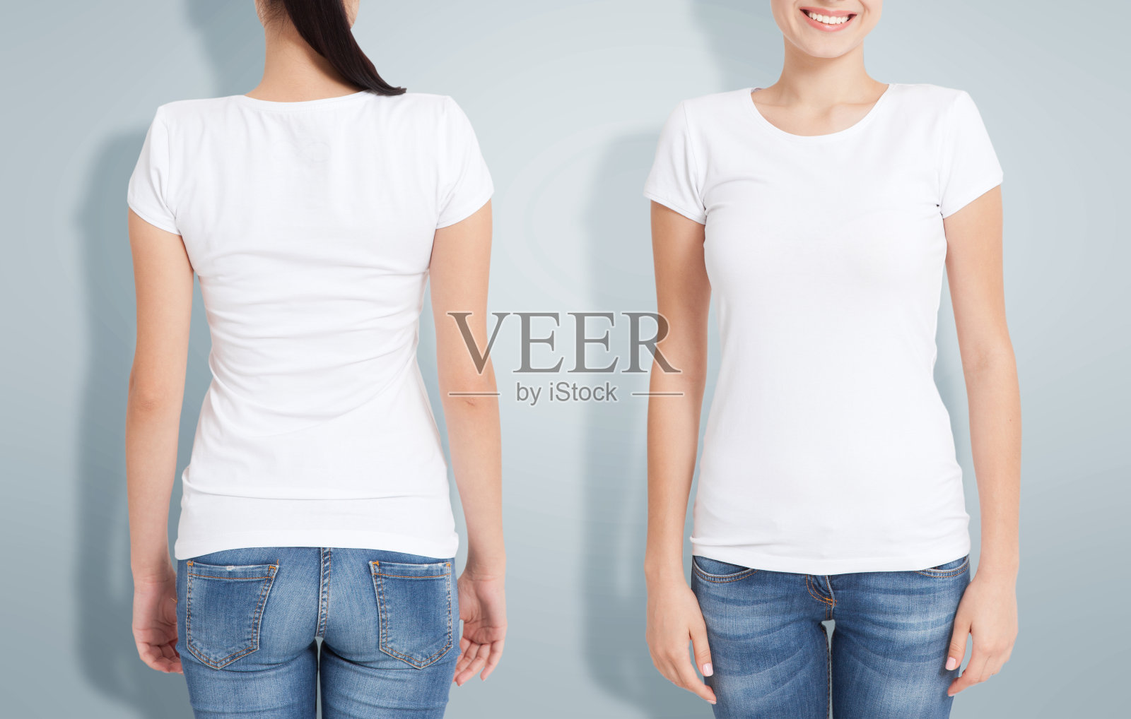 t恤设计和人的概念-近距离的年轻女子在空白的白色衬衫，前后孤立。模拟模板的设计打印照片摄影图片