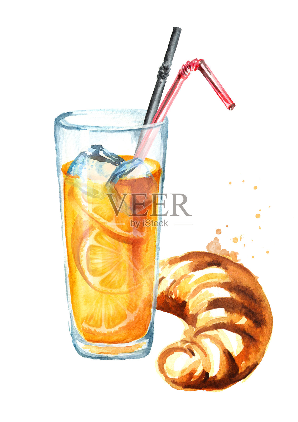 传统法式羊角面包配橙汁，早餐面包。水彩手绘插图，孤立的白色背景插画图片素材