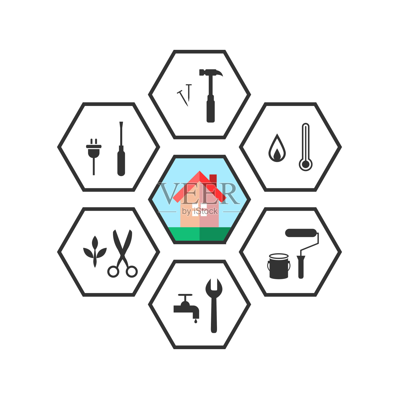房子和工作工具图标的概念插画图片素材