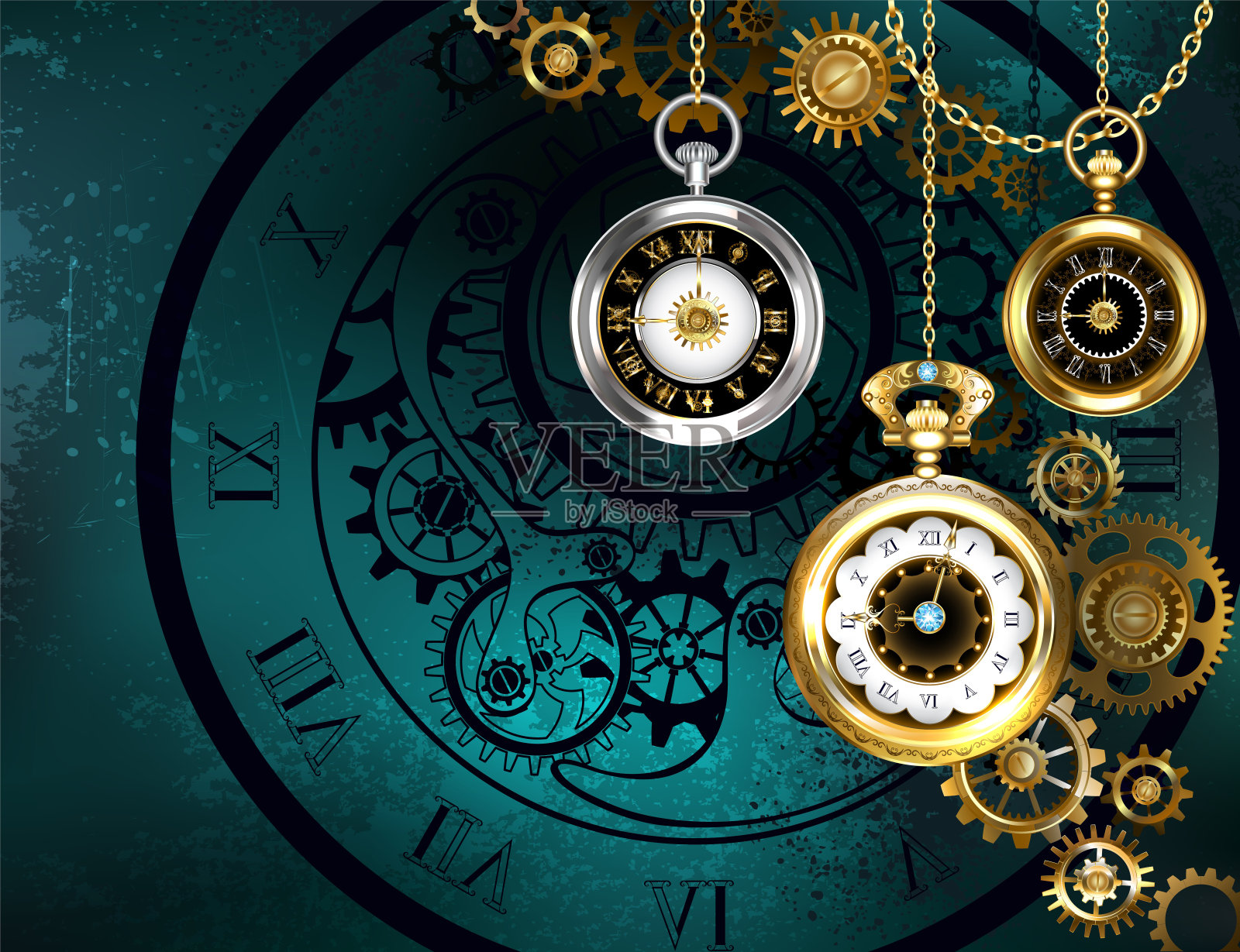 时钟与齿轮在绿色背景插画图片素材