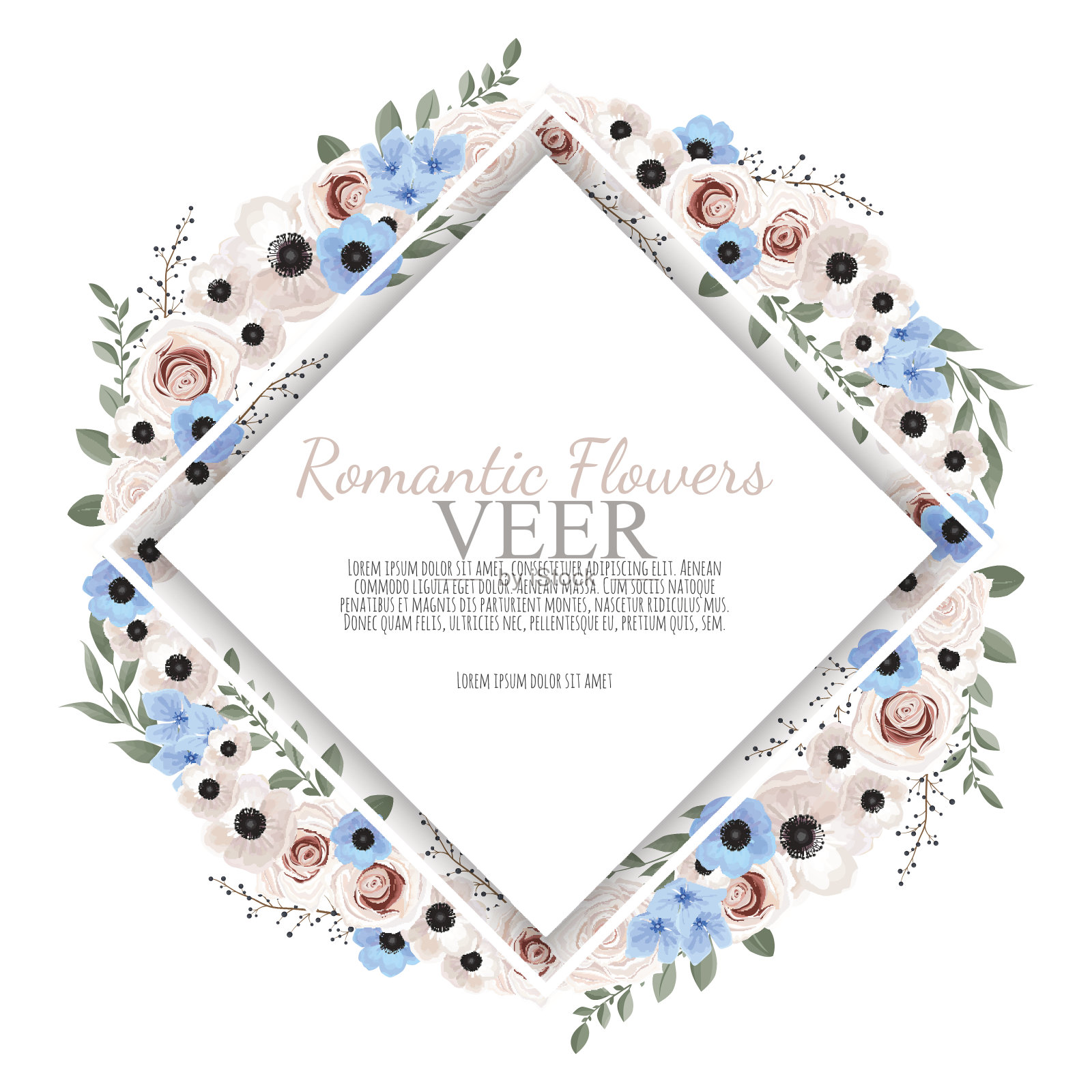 矢量花设计卡。问候，明信片婚礼邀请模板。优雅的框架与玫瑰和银莲花插画图片素材