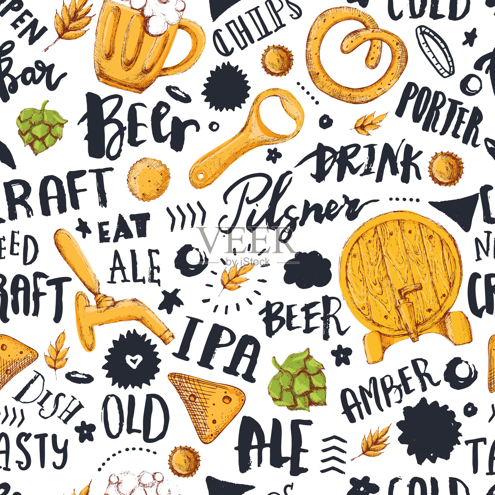 啤酒无缝图案与手绘字母酒吧推广，酒吧。矢量啤酒节示意图插画图片素材