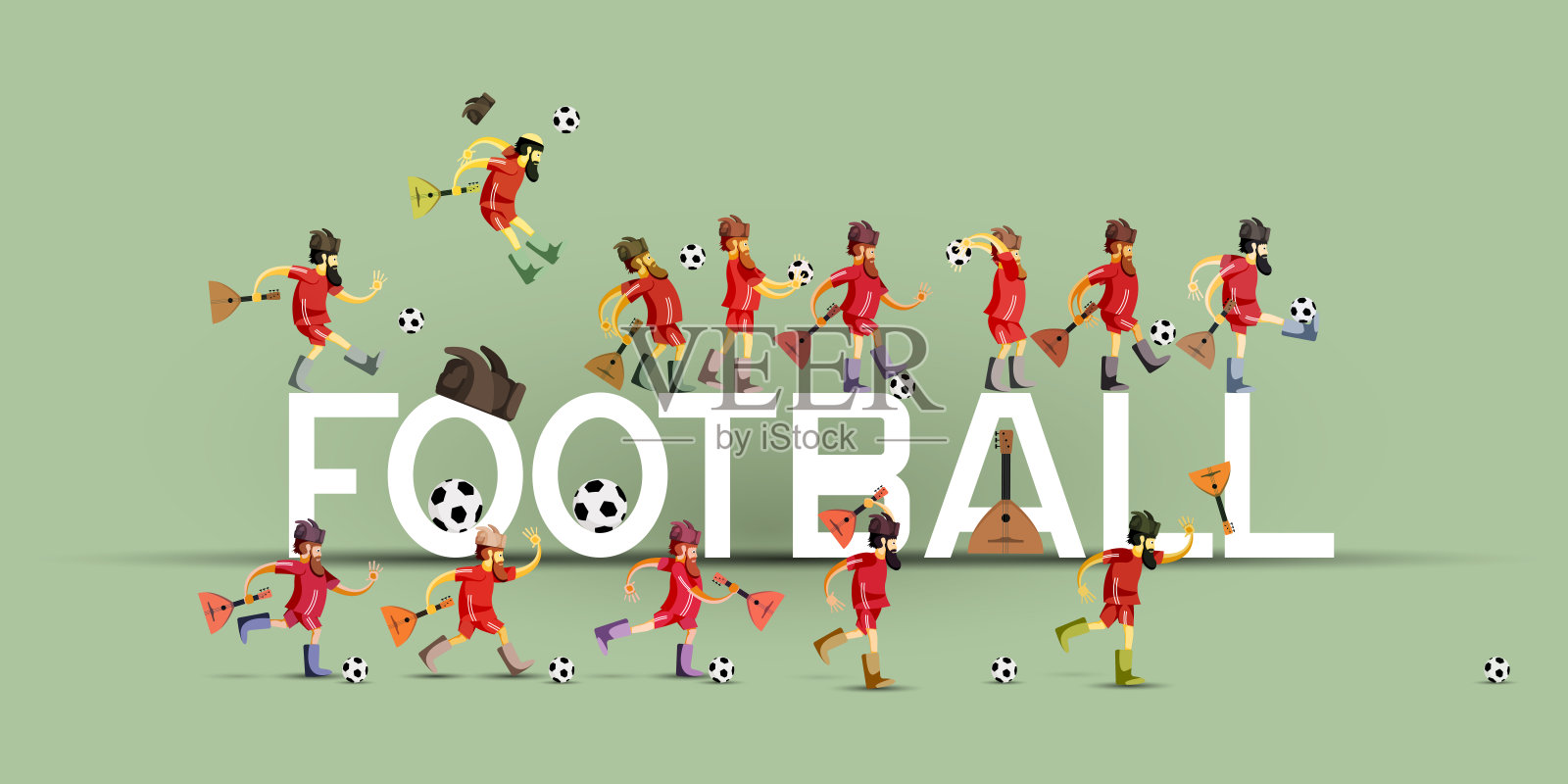 关于足球主题的插图。足球运动员戴着帽子，耳朵上挂着三弦琴，摆着不同的姿势。字母——足球。插画图片素材