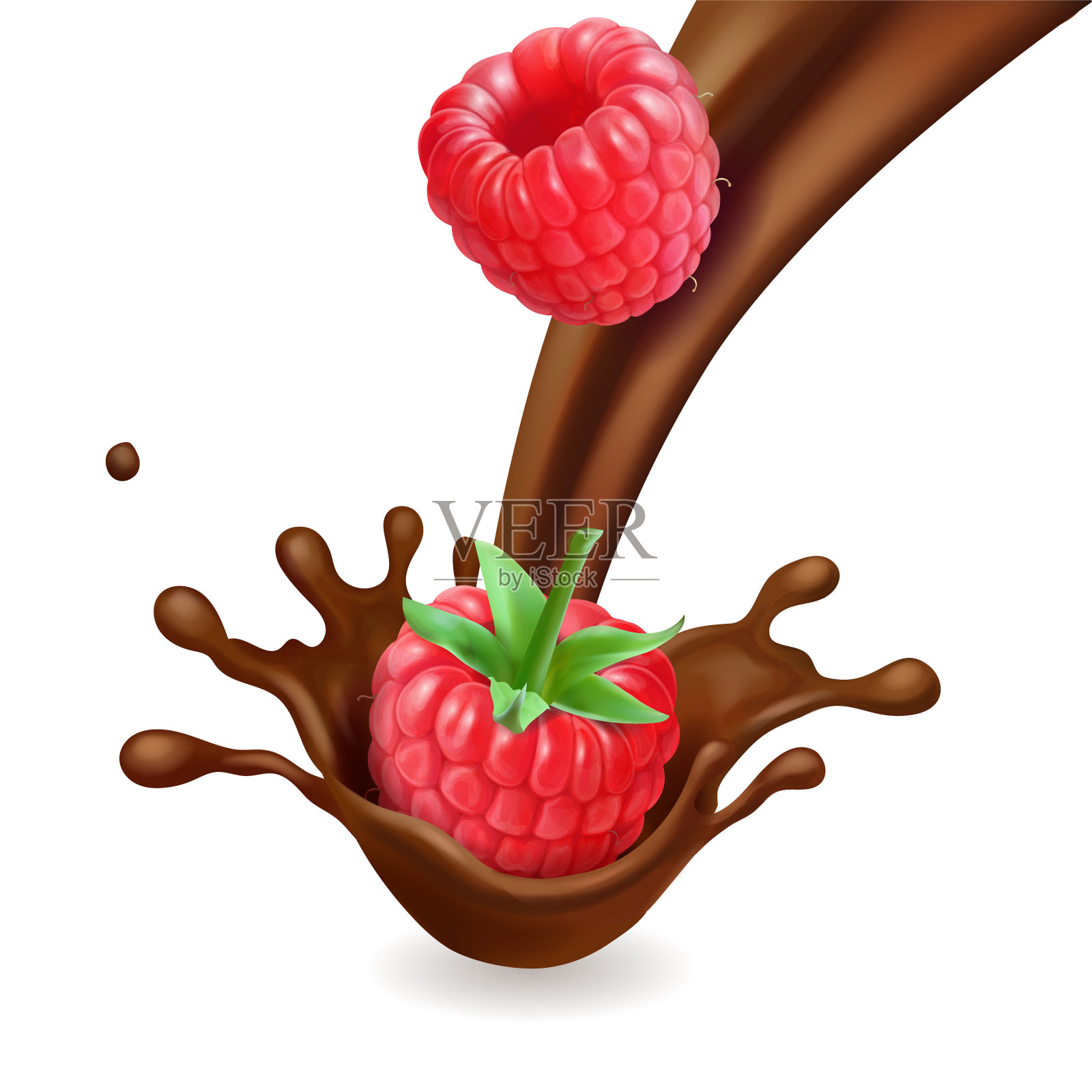 巧克力树莓在飞溅孤立的3d插图插画图片素材