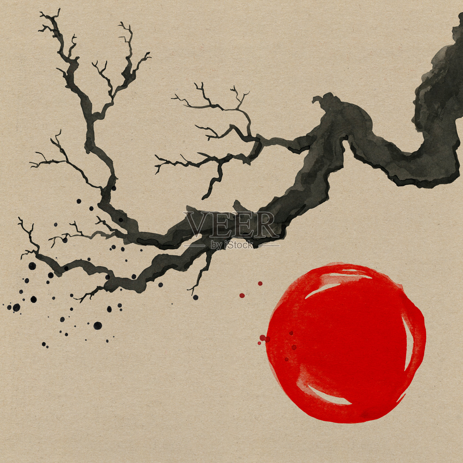 日本风格的树枝。水彩手绘插画插画图片素材