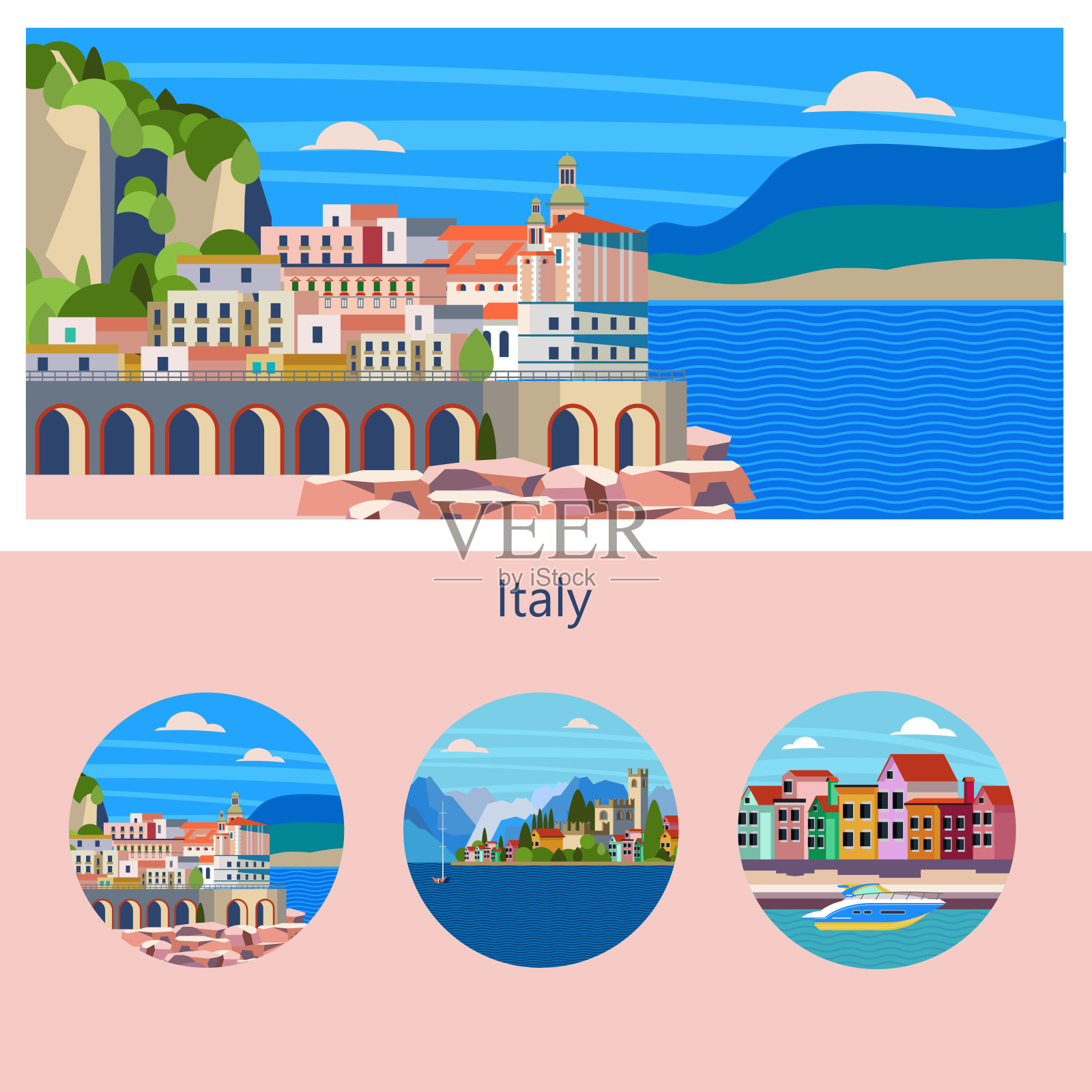 阿。意大利的海边小镇。矢量插图。插画图片素材