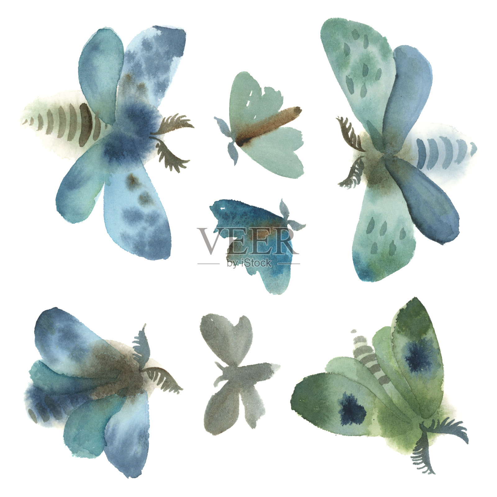 水彩插图。一组灰色，蓝色和绿色的蛾子插画图片素材