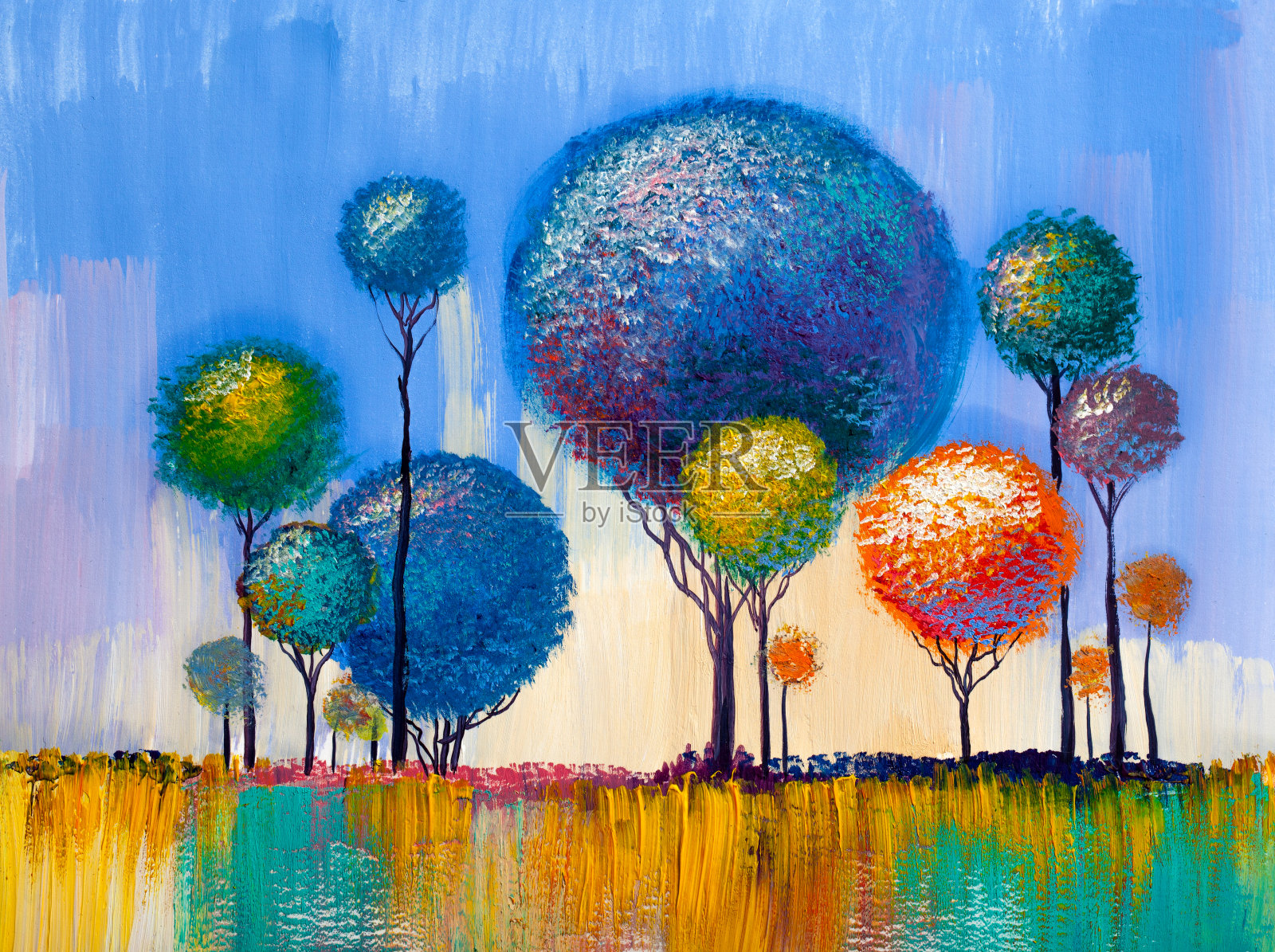 油画风景，彩绘树木。插画图片素材