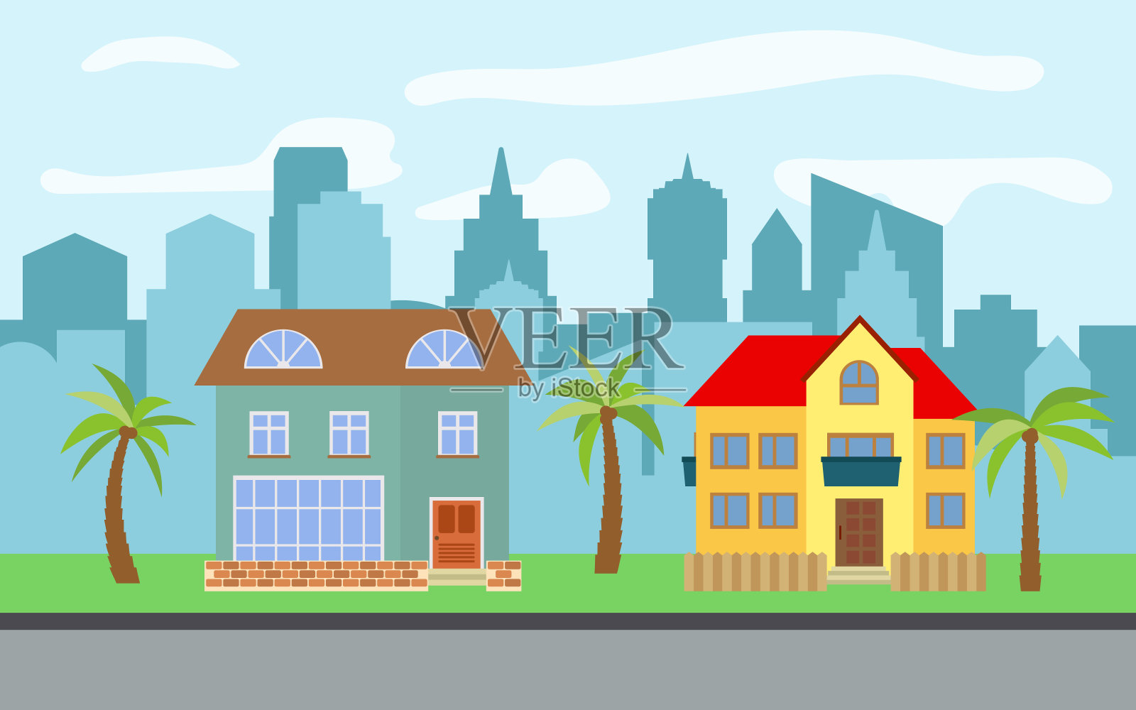 矢量城市有两个两层的卡通房子和棕榈树在阳光明媚的日子插画图片素材