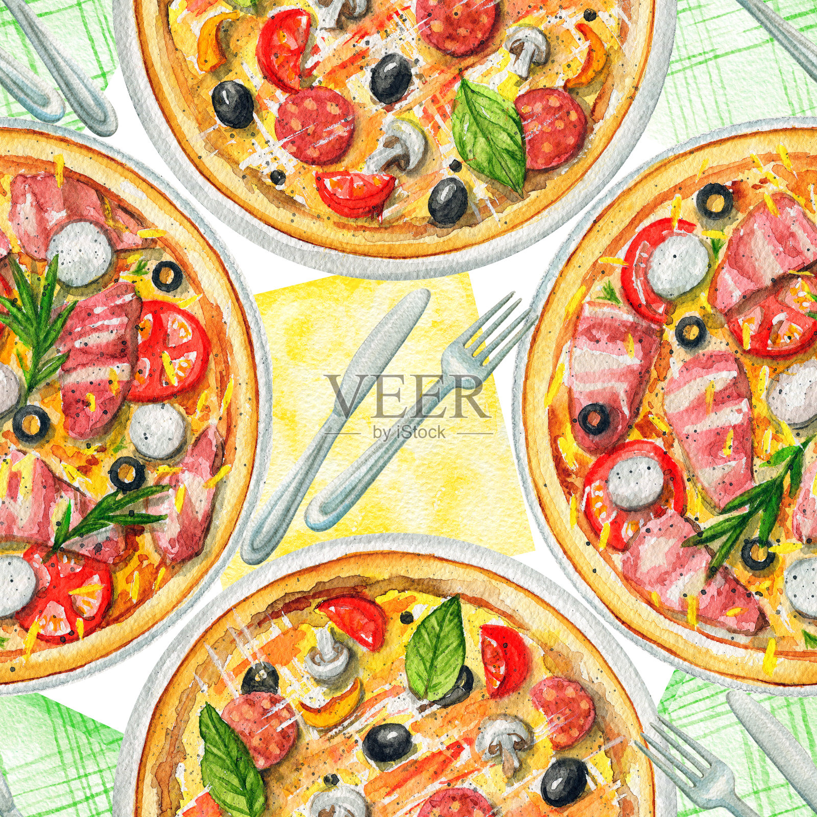 水彩无缝图案与比萨饼，餐巾纸和餐具设计元素图片