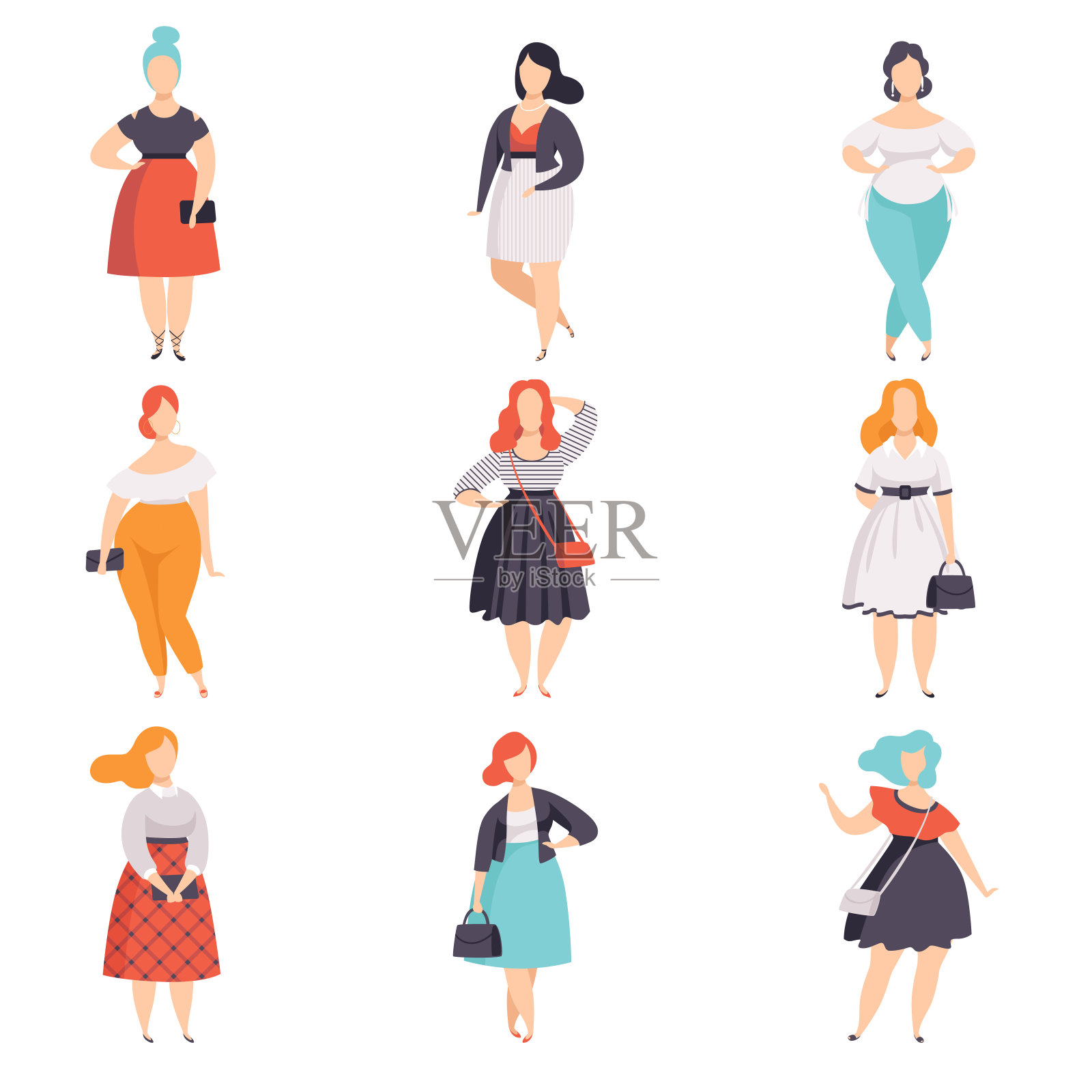 美丽的加码妇女在时尚的衣服设置，曲线，超重的女孩海报模特矢量插图上的白色背景插画图片素材