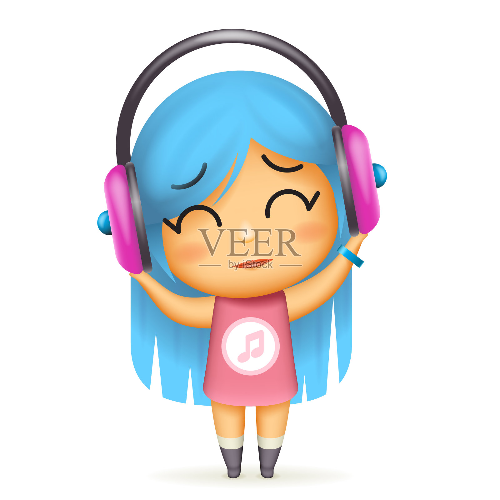 女孩耳机快乐听音乐孤立3d卡通设计矢量儿童插图插画图片素材
