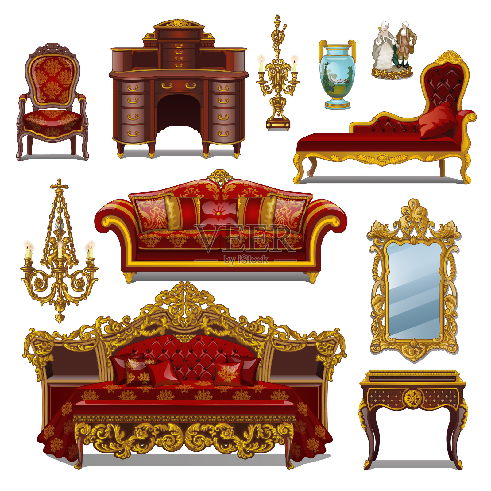 一套红色的家具用于复古室内，孤立在白色背景上。矢量卡通特写插图插画图片素材