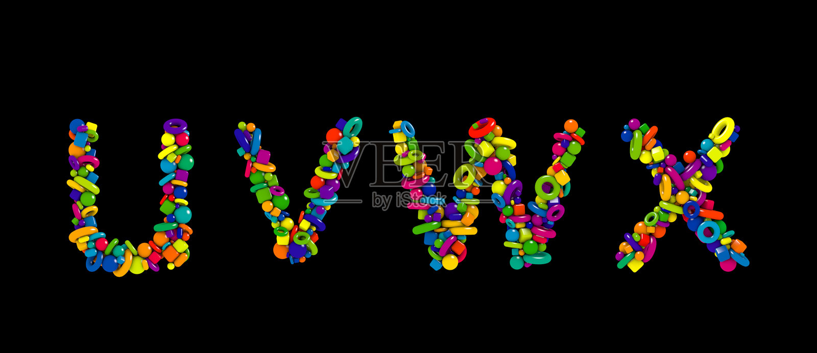 儿童玩具彩色3D字体孤立的黑色背景。由有趣的几何形状组成的多色字母集。字母u v w x。照片摄影图片
